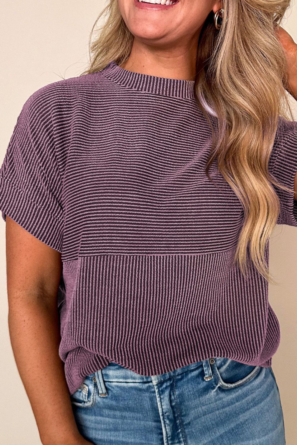 Corded Knit Mock Neck Short Sleeve T Shirt Mauve Blouses & Shirts JT's Designer Fashion