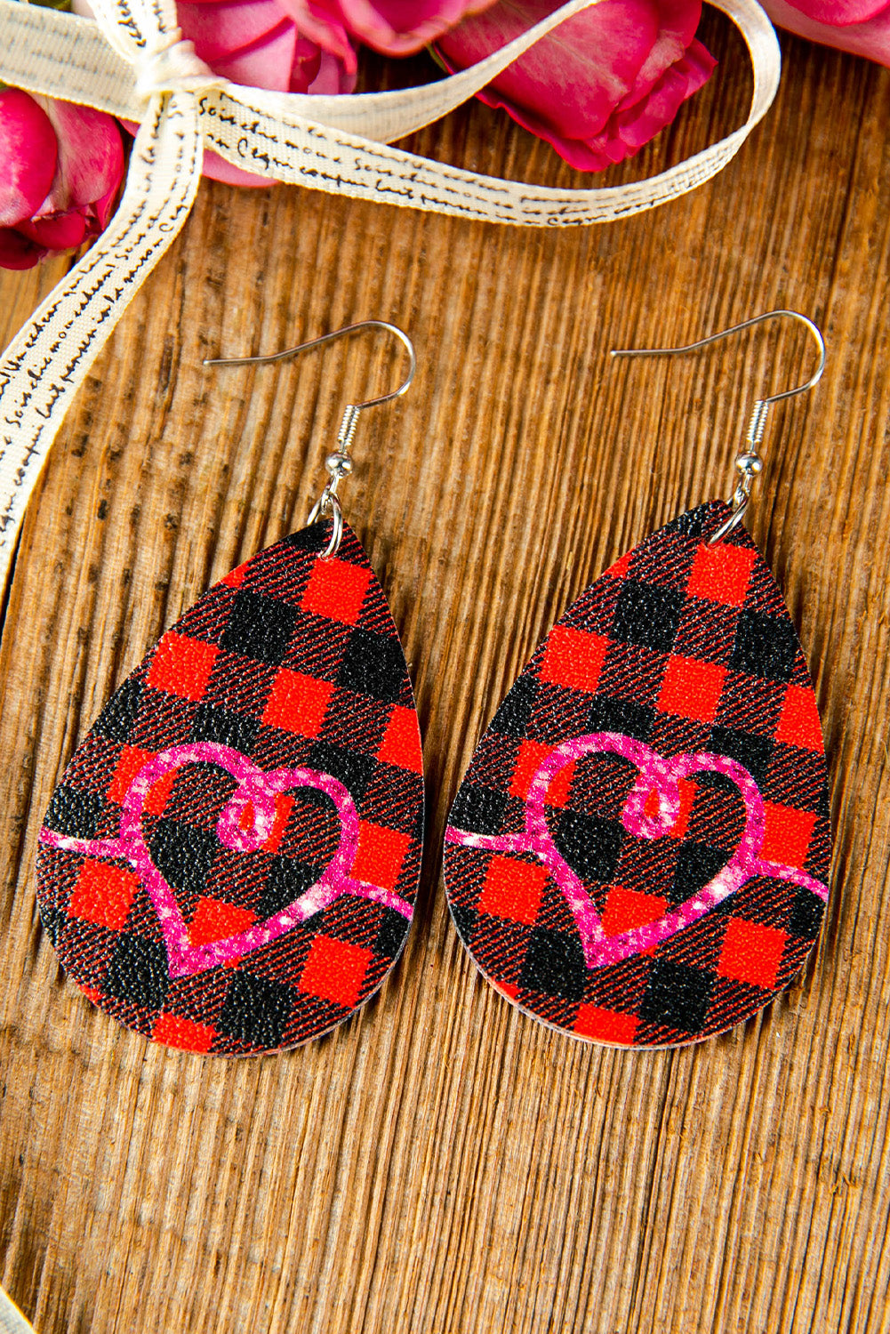 Fiery Red Valentine Sequin Heart Pattern Plaid PU Earrings Jewelry JT's Designer Fashion