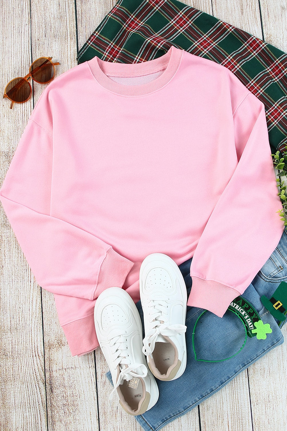 Pink Plain Crew Neck Pullover Sweatshirt Sweatshirts & Hoodies JT's Designer Fashion