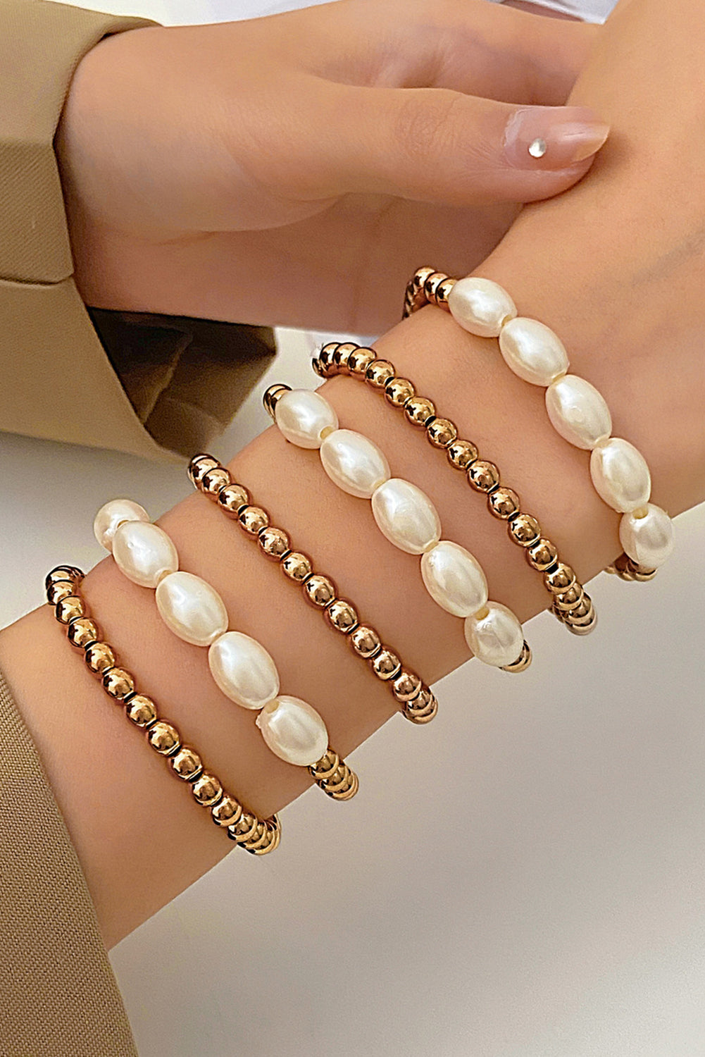 Gold Plated Pearl Beaded 6 Pcs Bracelet Set Jewelry JT's Designer Fashion