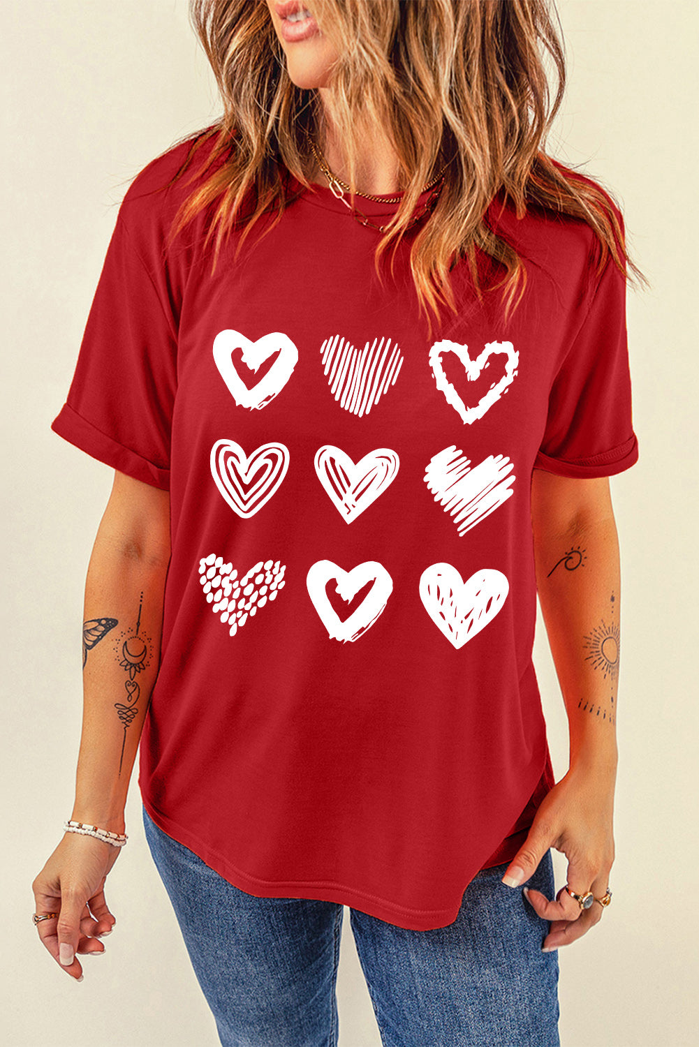 Fiery Red Valentines Heart Pattern Graphic Tee Graphic Tees JT's Designer Fashion