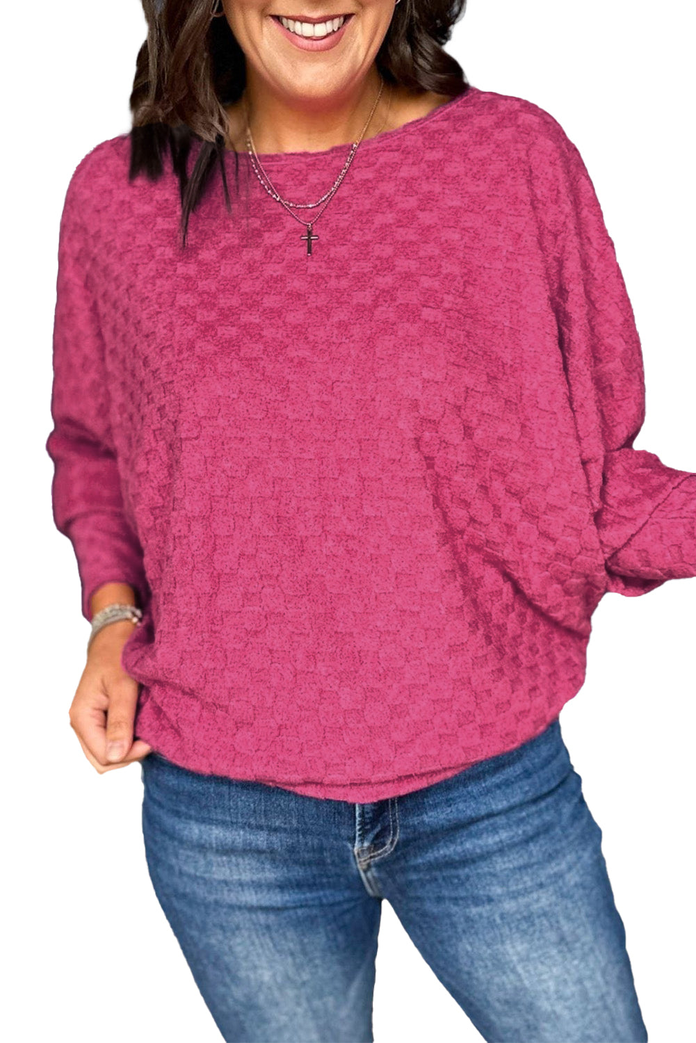 Bright Pink Checker Textured Dolman Sleeve Top Long Sleeve Tops JT's Designer Fashion