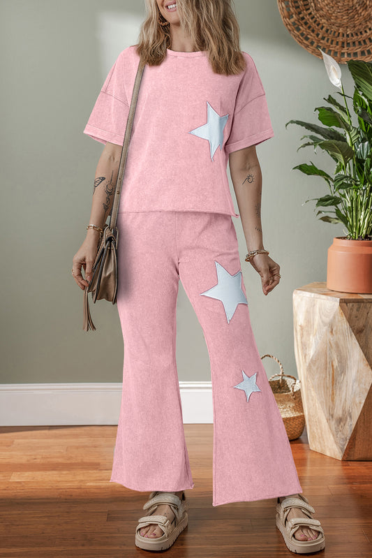 Light Pink Acid Wash Star Patched Rolled Trim Pants Set Pant Sets JT's Designer Fashion
