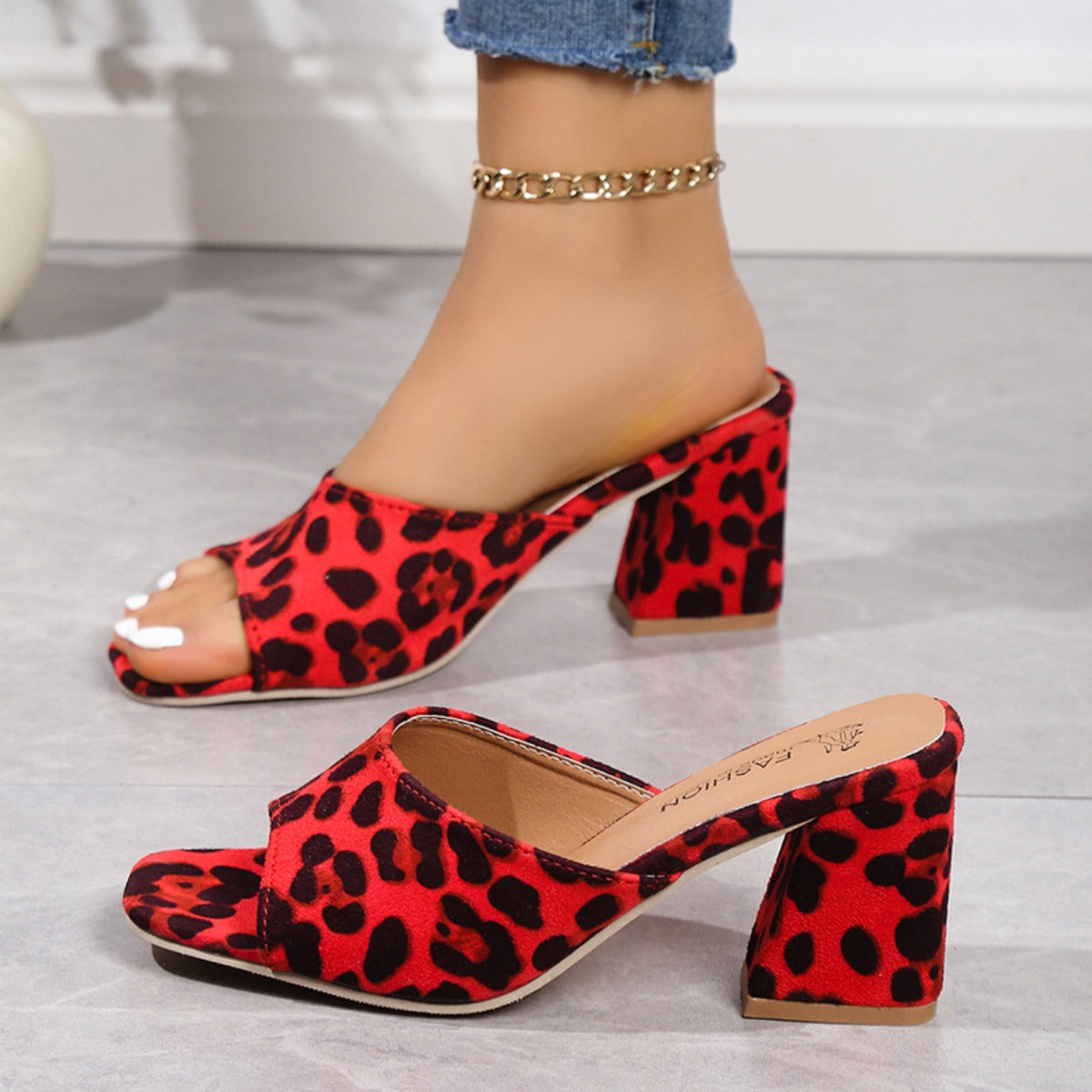 Leopard Block Heel Suede Sandals Deep Red Sandals JT's Designer Fashion