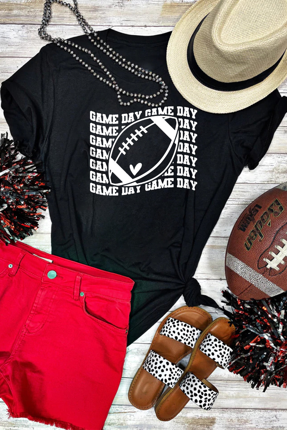 Black GAME DAY Rugby Graphic Print Short Sleeve T Shirt Black knit Graphic Tees JT's Designer Fashion