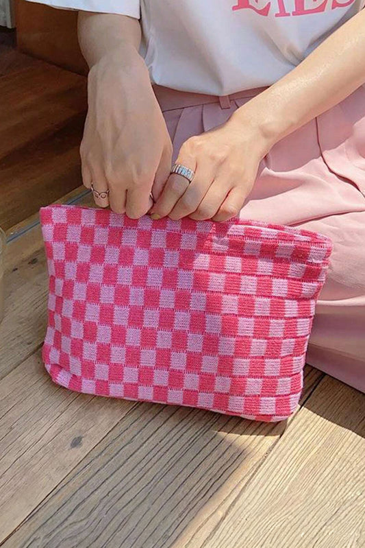 Bright Pink Checkered Print Cosmetic Bag Makeup Bags JT's Designer Fashion