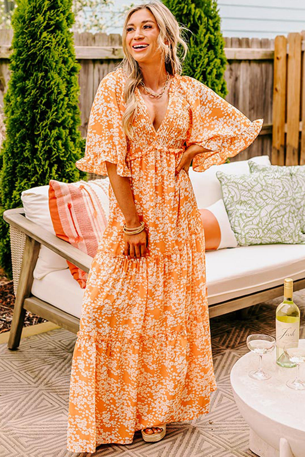 Orange Floral Print Smocked V Neck Wide Sleeve Maxi Dress Floral Dresses JT's Designer Fashion