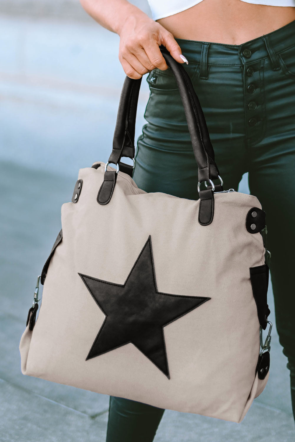 Beige Casual Five-pointed Star Canvas Tote Bag Handbags JT's Designer Fashion