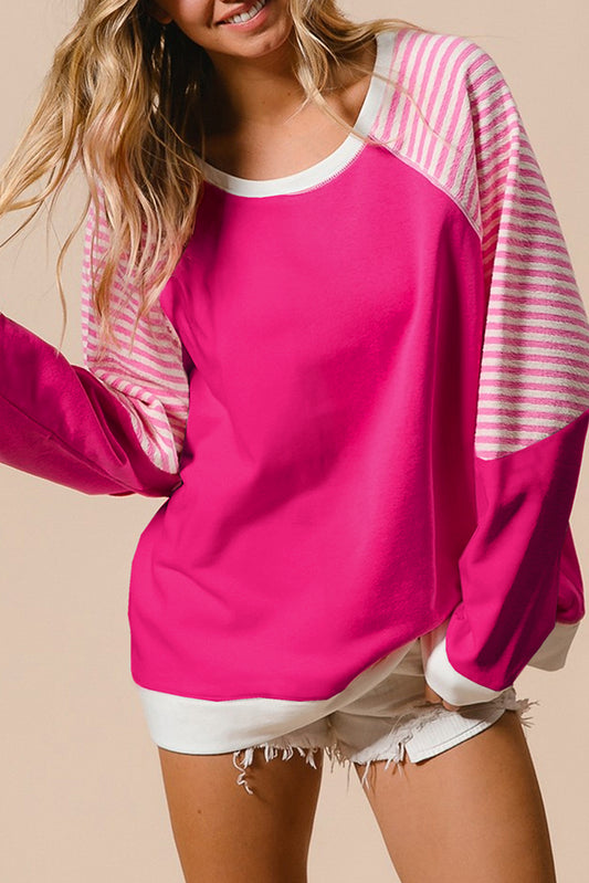 Strawberry Pink Striped Patchwork Crew Neck Raglan Sleeve Top Long Sleeve Tops JT's Designer Fashion