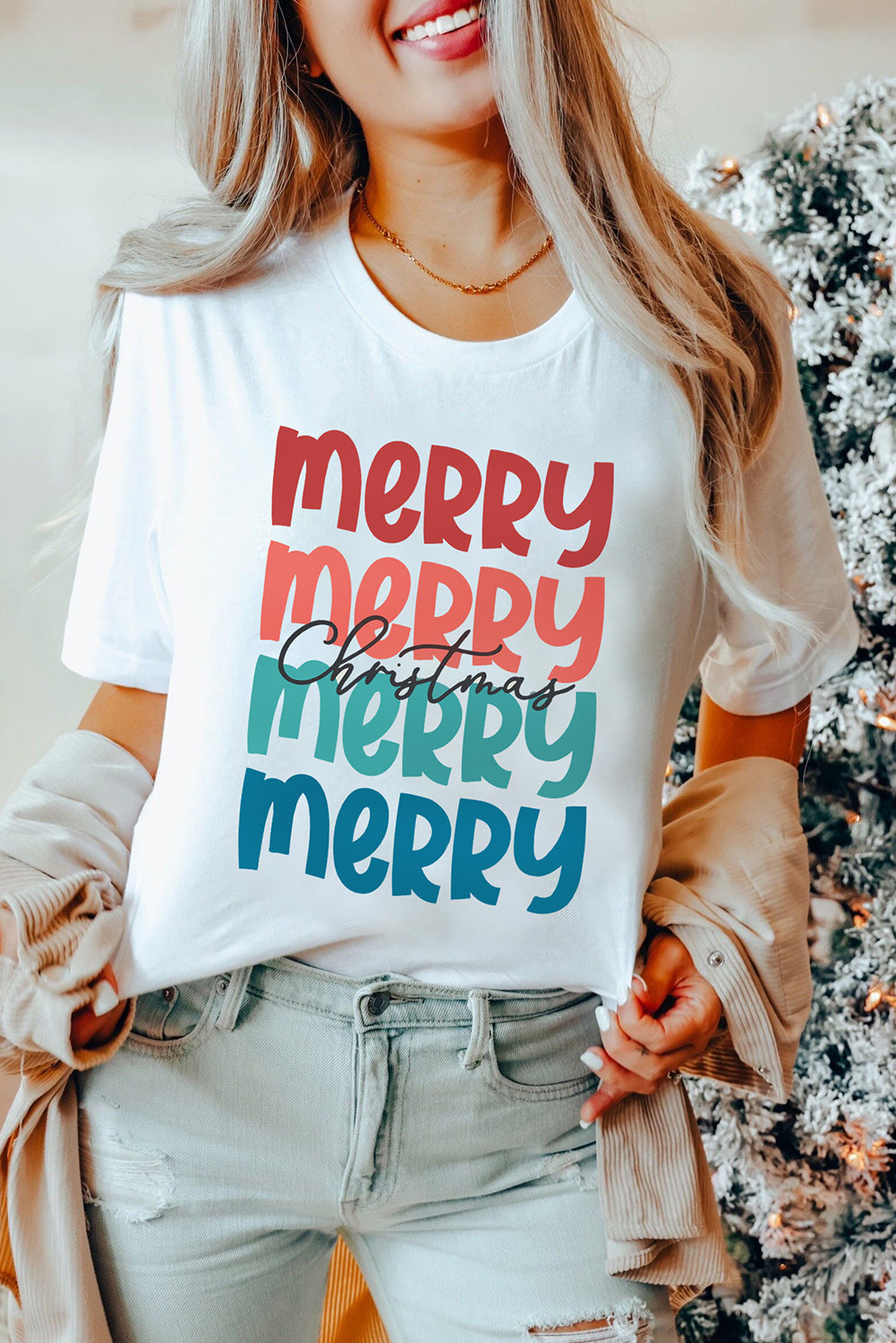 White Merry Christmas Letter Print Crew Neck T Shirt Graphic Tees JT's Designer Fashion