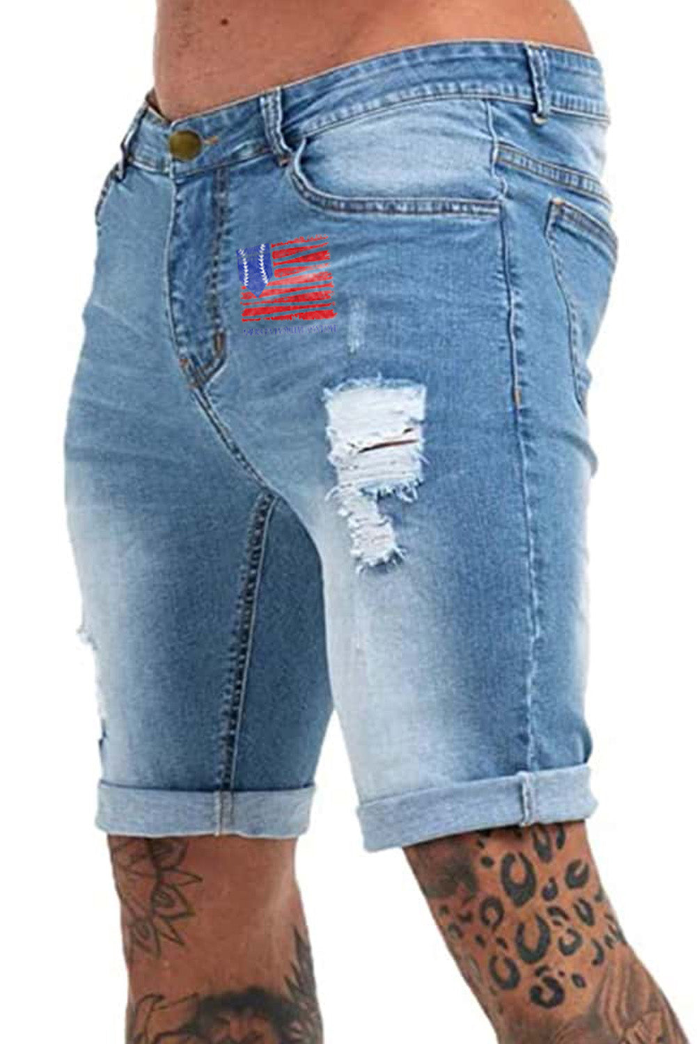 Sky Blue American Flag Print Rolled Hem Ripped Skinny Denim Shorts Men's Pants JT's Designer Fashion