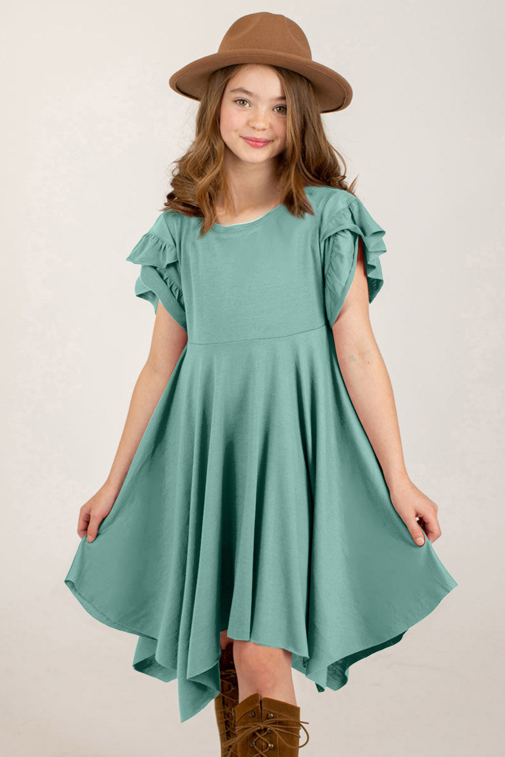 Round Neck Petal Sleeve Dress Teal Girls Dresses JT's Designer Fashion