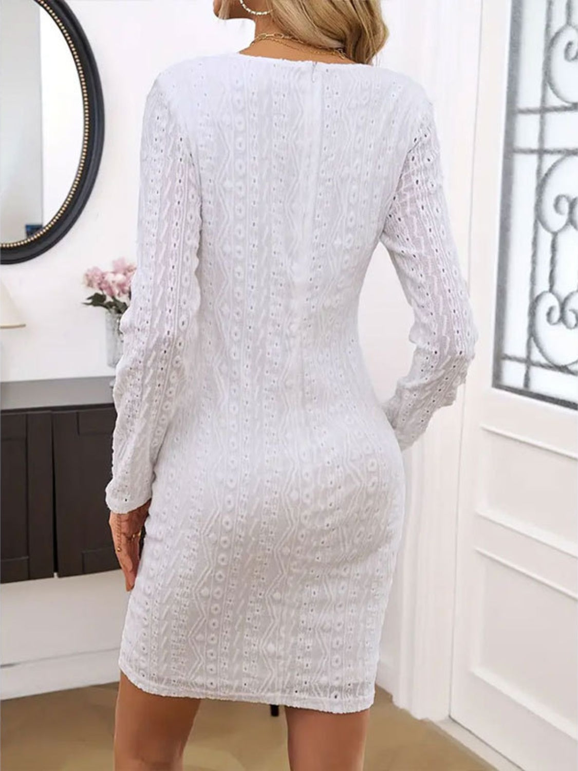 Lace Detail Round Neck Long Sleeve Mini Dress Mini Dresses JT's Designer Fashion