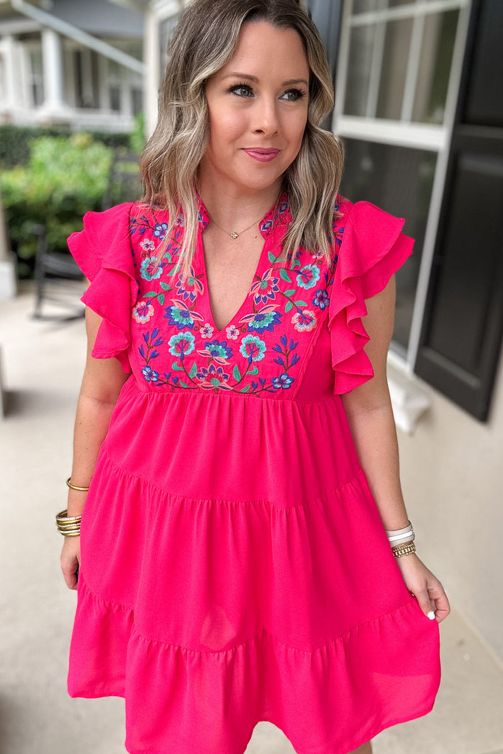 Strawberry Pink Embroidered Ruffled Sleeve Tiered Plus Dress Plus Size JT's Designer Fashion