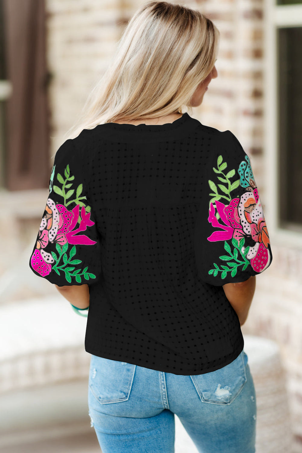 Black Floral Embroidered Puff Sleeve Notched Neck Blouse Pre Order Tops JT's Designer Fashion