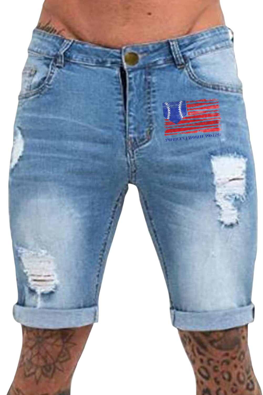 Sky Blue American Flag Print Rolled Hem Ripped Skinny Denim Shorts Men's Pants JT's Designer Fashion