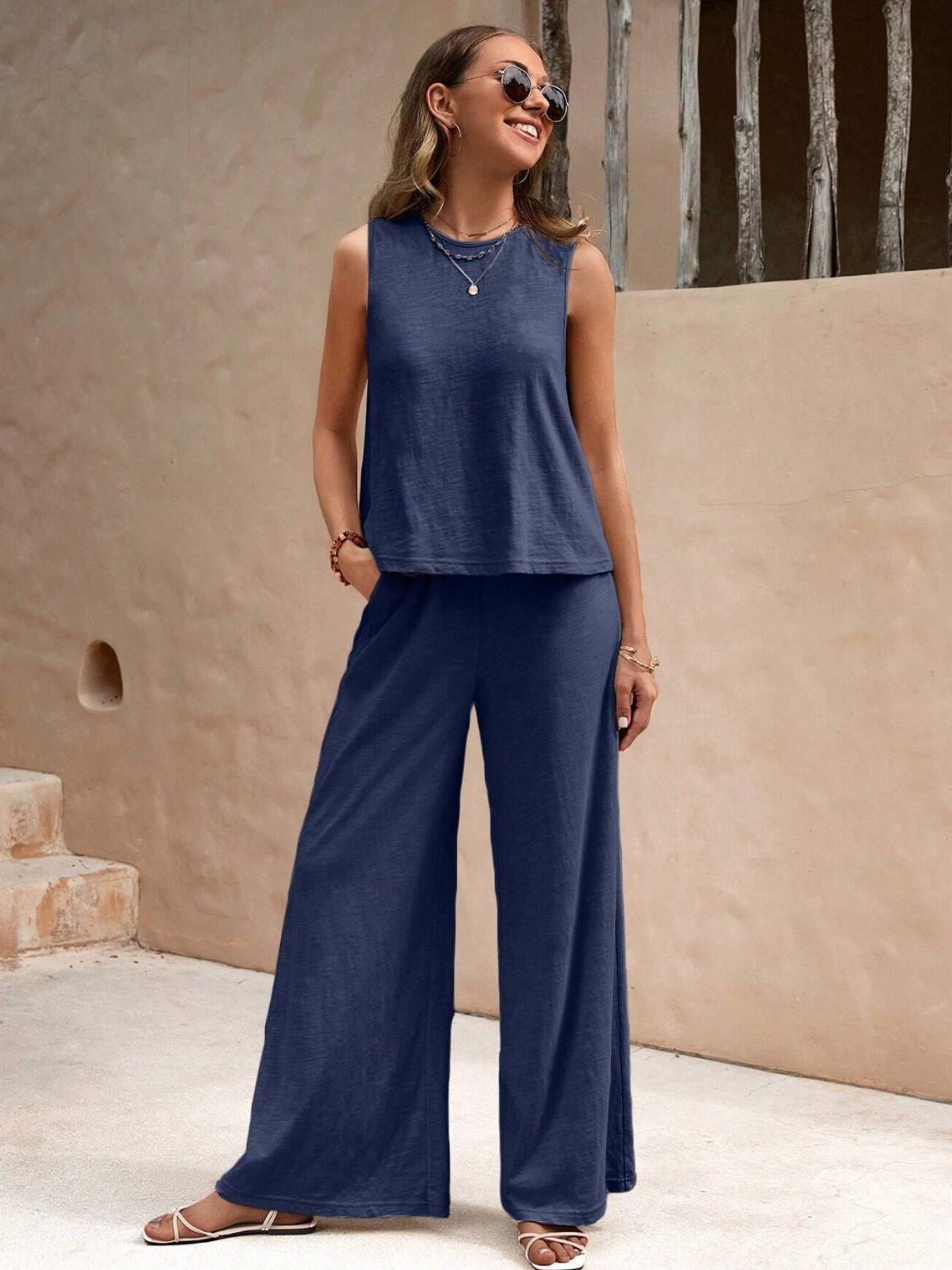 Round Neck Sleeveless Top and Wide Leg Pants Set Pant Sets JT's Designer Fashion