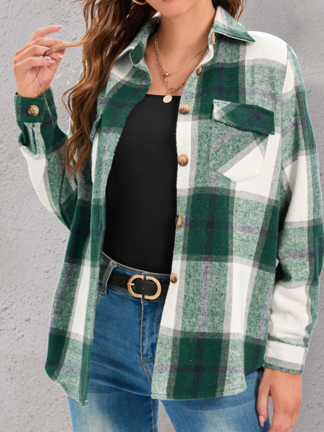 Full Size Pocketed Plaid Collared Neck Shacket Dark Green Long Sleeve Tops JT's Designer Fashion