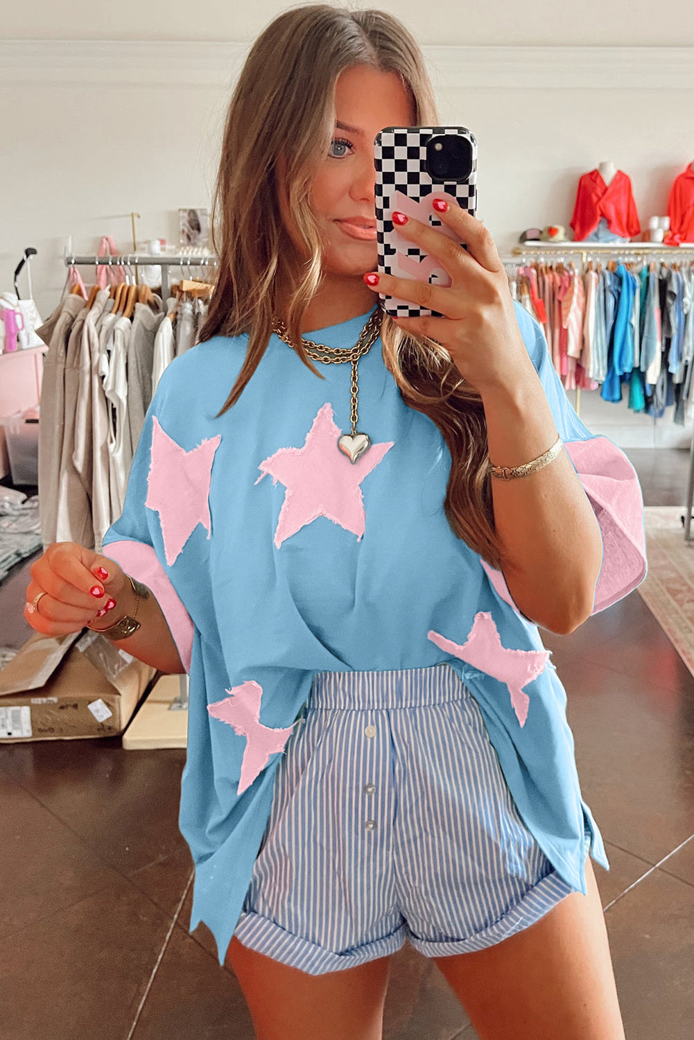 Myosotis Frayed Denim Star Patched Oversize T Shirt Pre Order Tops JT's Designer Fashion