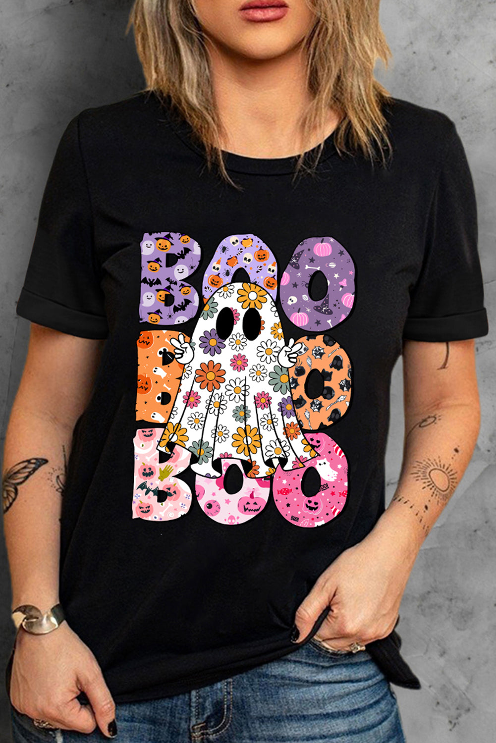 Black BOO Floral Ghost Print Crew Neck Halloween T Shirt Graphic Tees JT's Designer Fashion