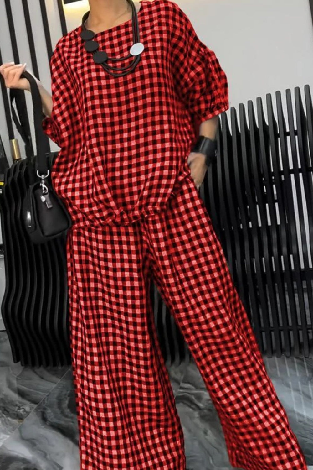 Full Size Plaid Round Neck Half Sleeve Top and Pants Set Deep Red Pant Sets JT's Designer Fashion