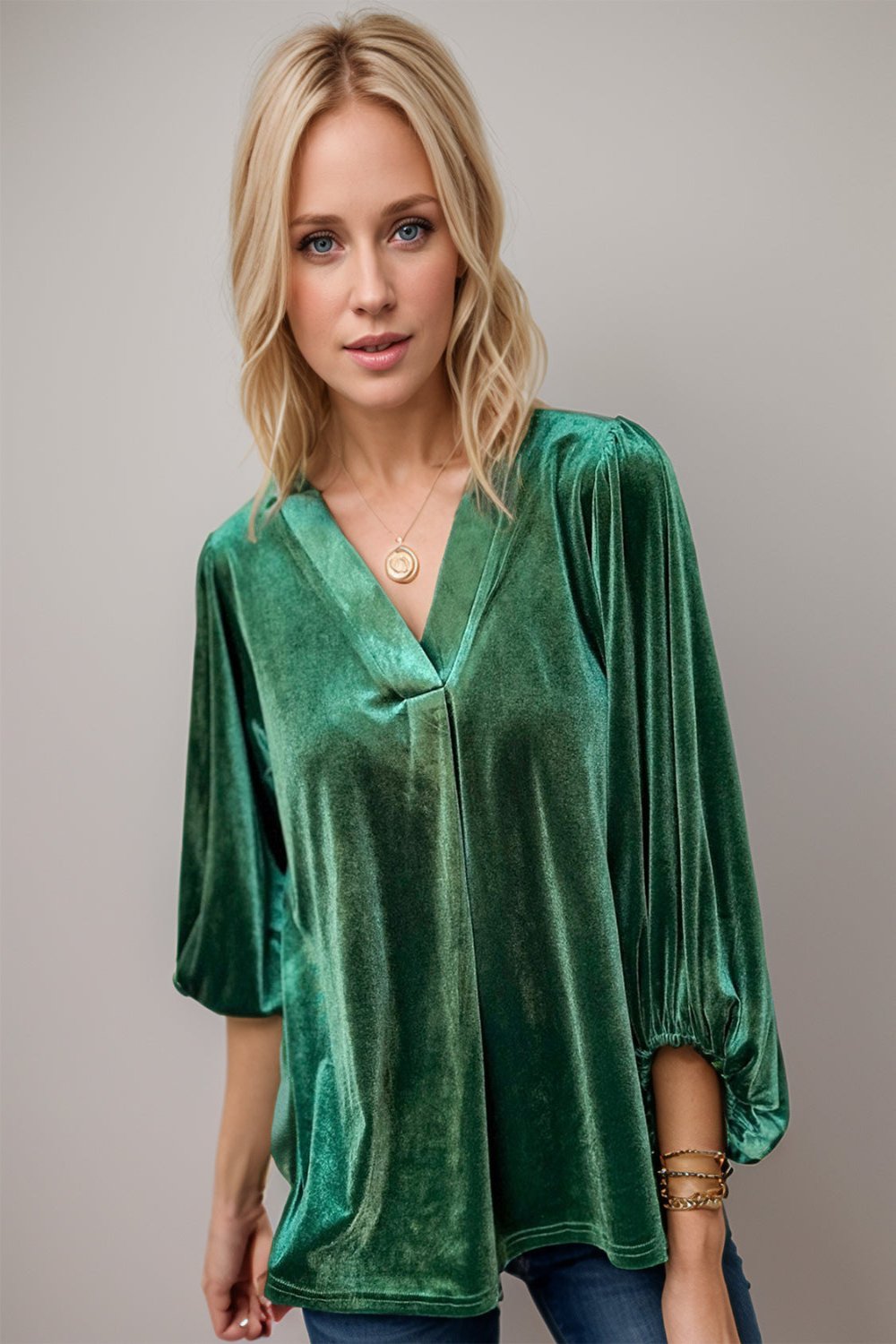 V-Neck Three-Quarter Sleeve Blouse Dark Green Long Sleeve Tops JT's Designer Fashion