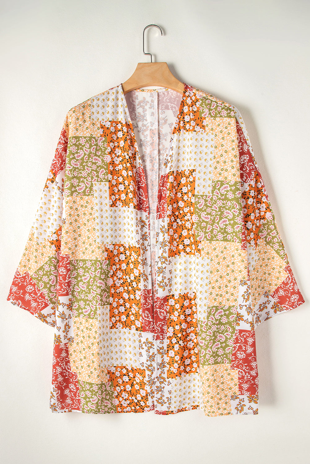 White Boho Patchwork Floral Open Front Kimono Kimonos JT's Designer Fashion