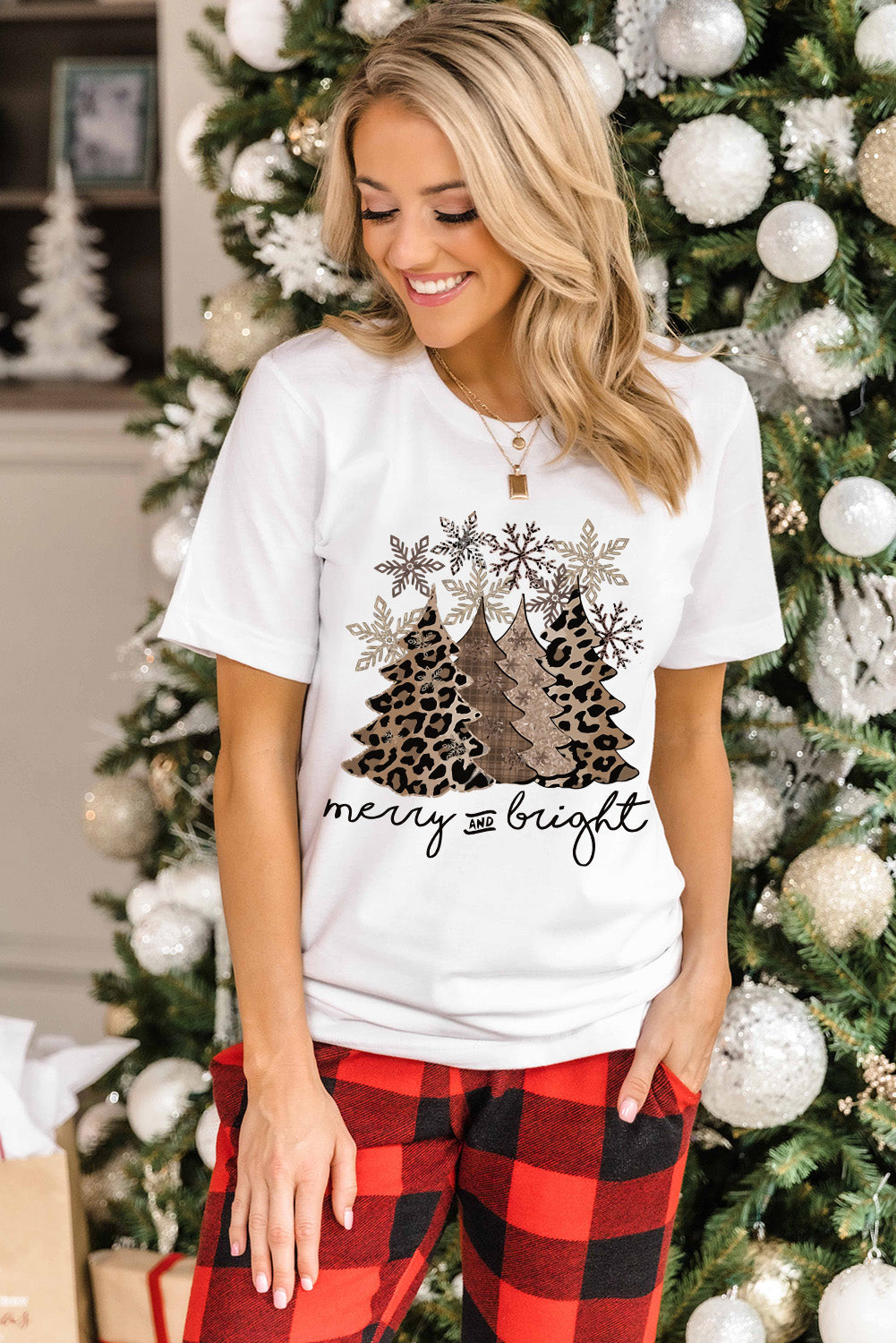 White Leopard Christmas Tree Graphic Crew Neck T Shirt Graphic Tees JT's Designer Fashion