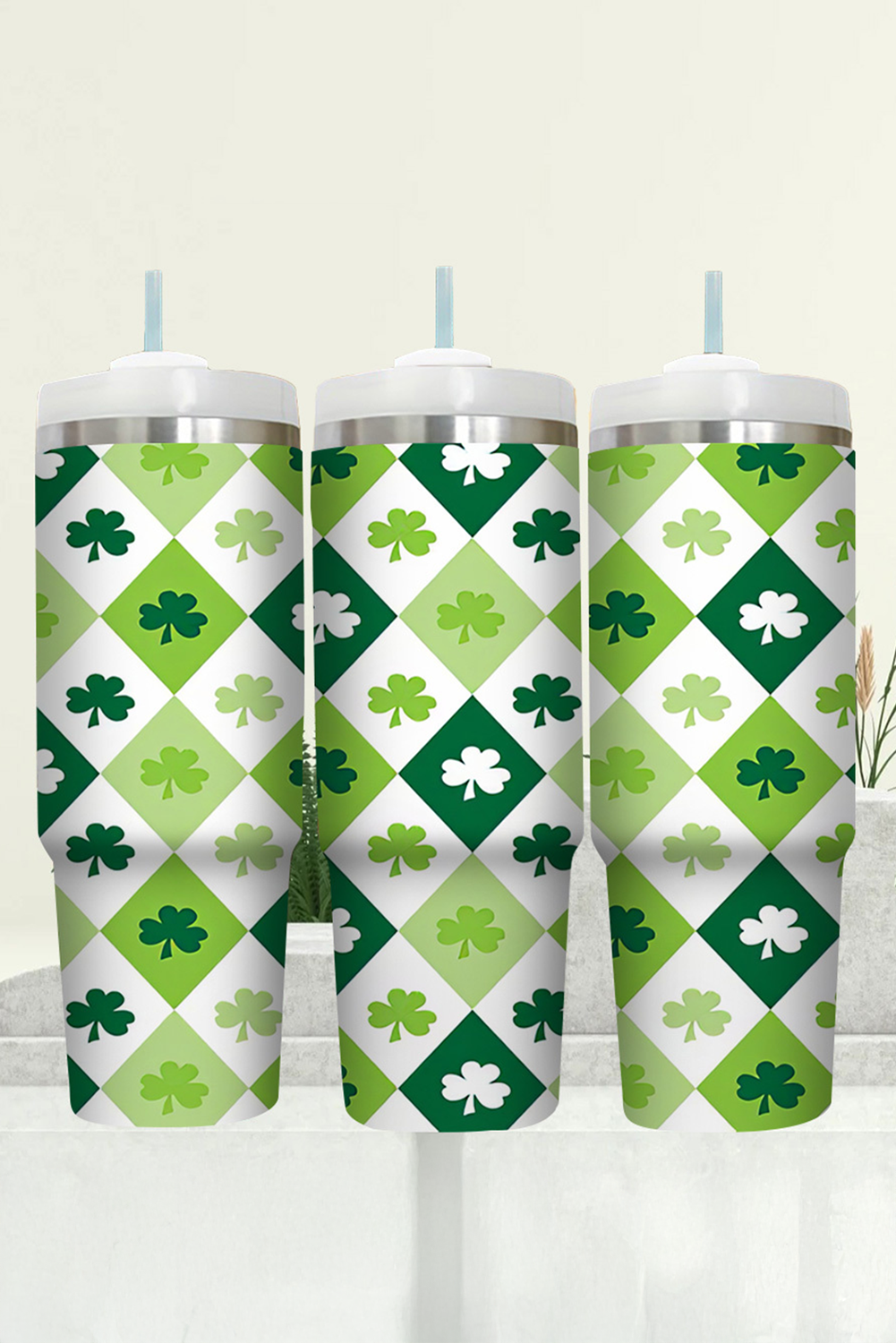 Green Clover Checkered Print Straw Large Tumbler 40oz Tumblers JT's Designer Fashion