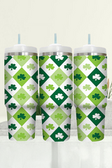 Green Clover Checkered Print Straw Large Tumbler 40oz Tumblers JT's Designer Fashion