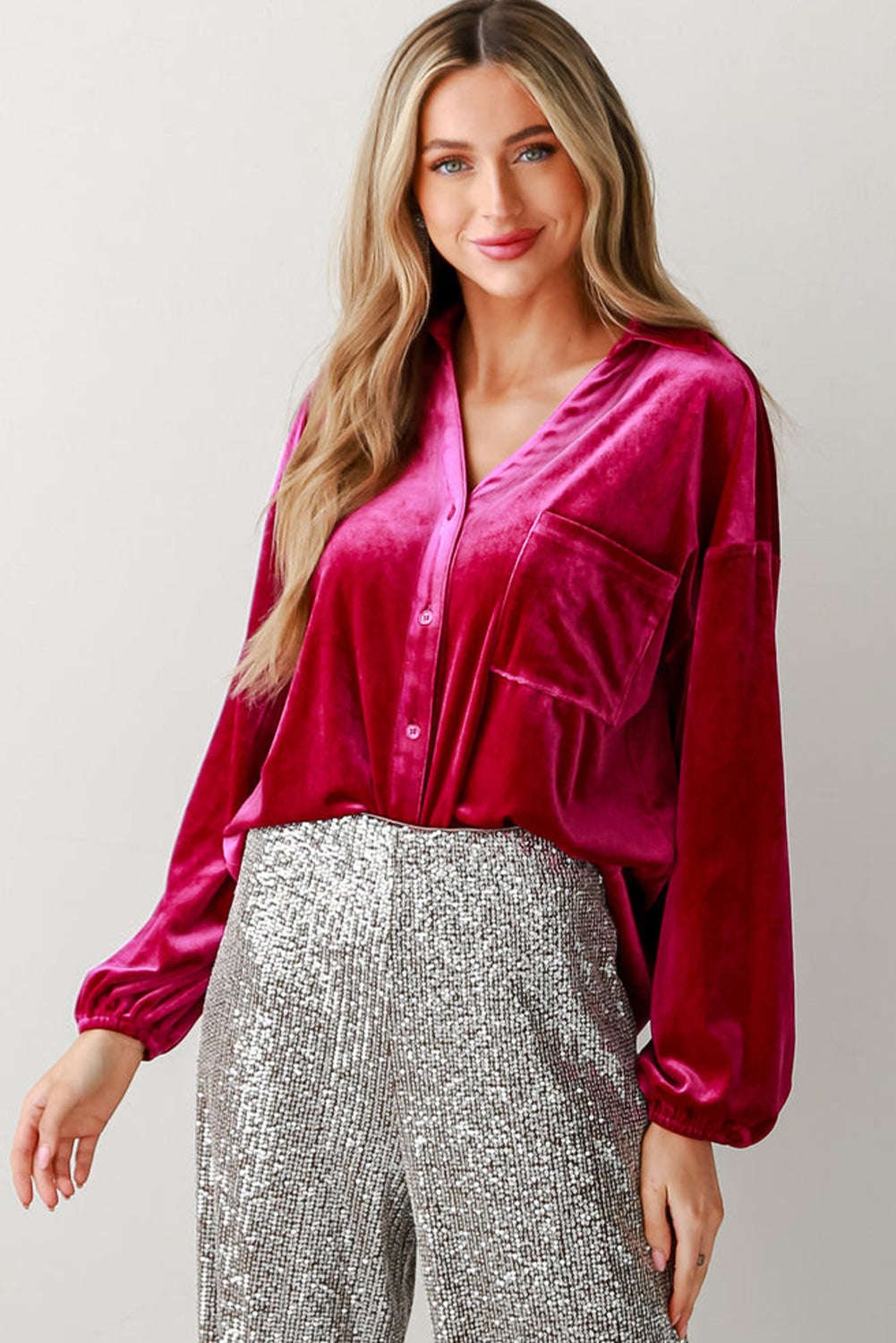 Pitaya Pink Buttoned V Neck Chest Pocket Velvet Shirt Blouses & Shirts JT's Designer Fashion