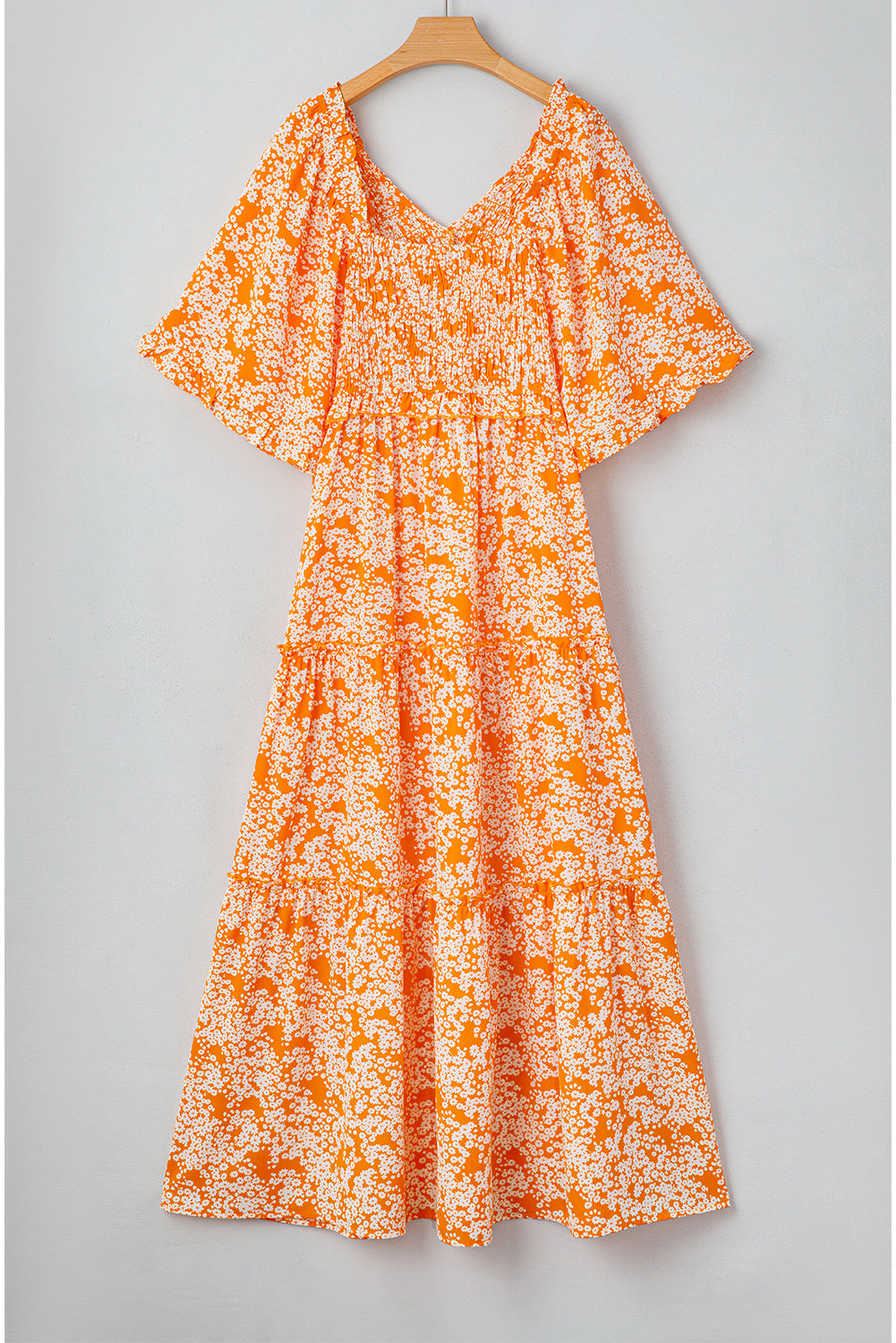 Orange Floral Print Smocked V Neck Wide Sleeve Maxi Dress Floral Dresses JT's Designer Fashion