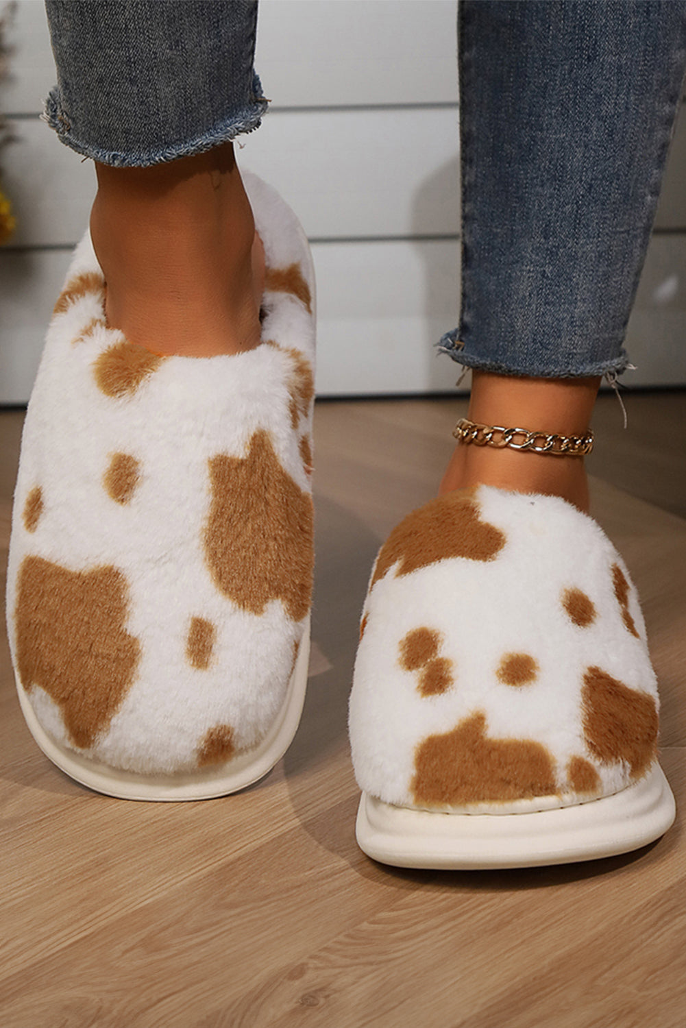 Chestnut Cow Spot Printed Plush Home Slippers Slippers JT's Designer Fashion