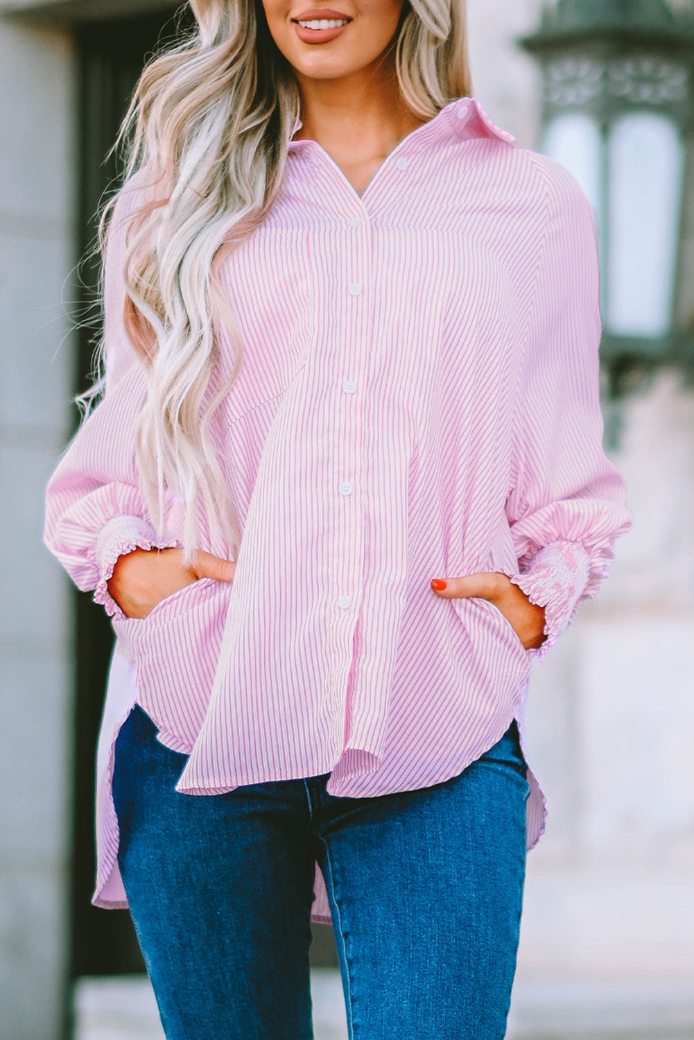 Pink Smocked Cuffed Striped Boyfriend Shirt with Pocket Blouses & Shirts JT's Designer Fashion