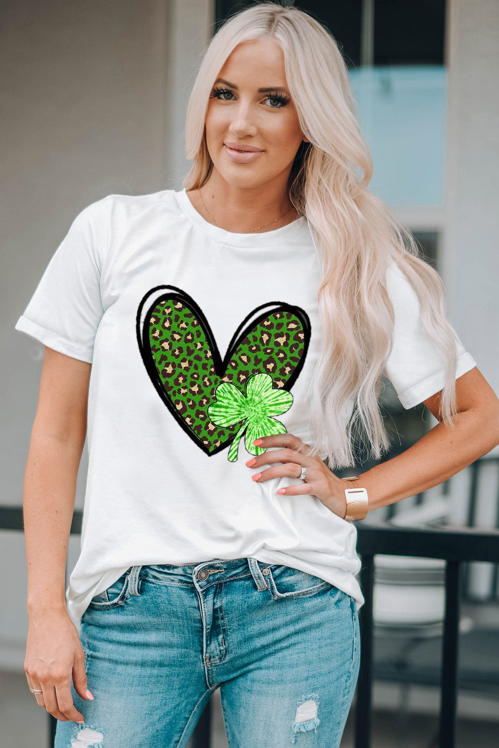 White Clover Leopard Heart Shaped Print Crewneck Graphic Tee Graphic Tees JT's Designer Fashion