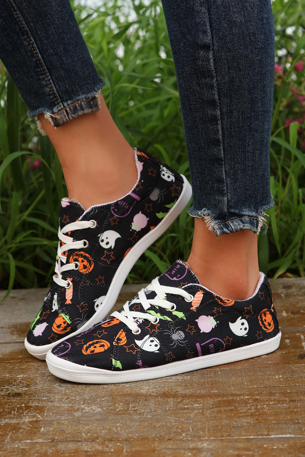 Black Halloween Pumpkin Ghost Print Lace-up Flat Shoes Women's Shoes JT's Designer Fashion