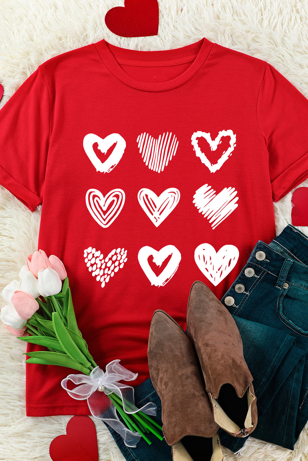 Fiery Red Valentines Heart Pattern Graphic Tee Graphic Tees JT's Designer Fashion