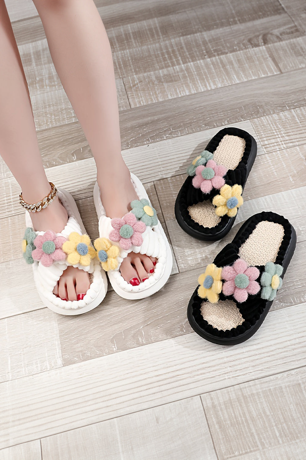 White Fuzzy Flower Cross Strap Open Toe Slippers Slippers JT's Designer Fashion