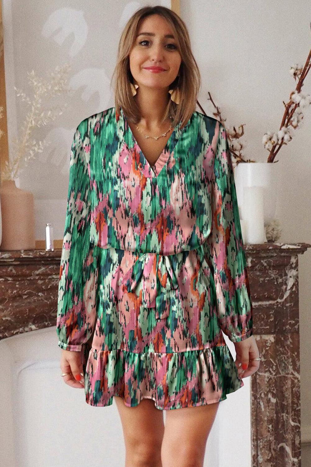 Pink Abstract Print Ruffled Drawstring High Waist Mini Dress Mini Dresses JT's Designer Fashion