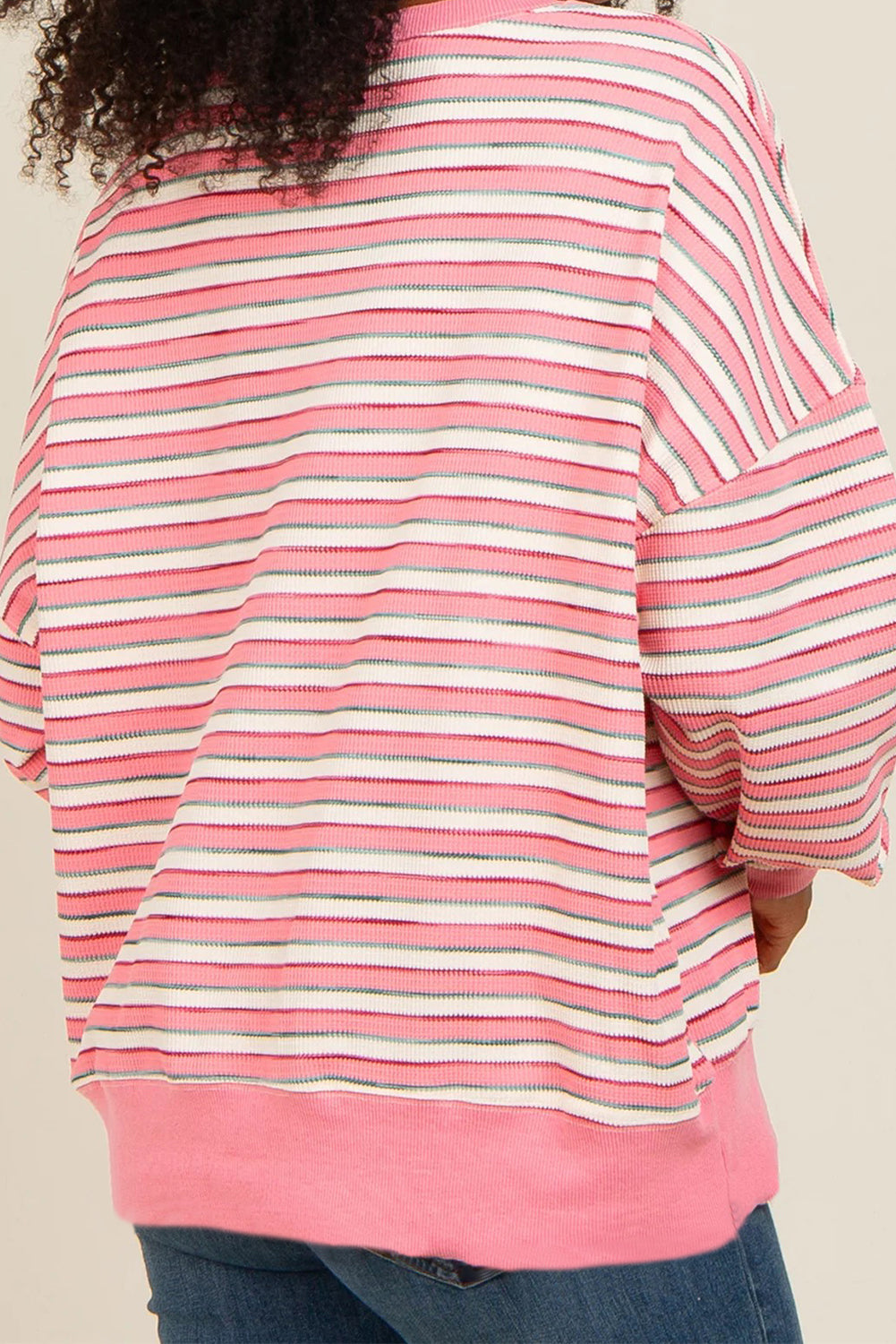 Pink Striped Print Textured Drop Shoulder Loose Sweatshirt Sweatshirts & Hoodies JT's Designer Fashion