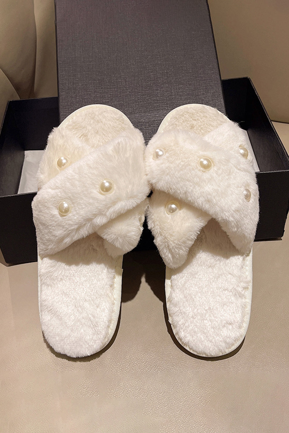 White Pearl Decor Criss Cross Plush Slippers Slippers JT's Designer Fashion