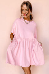 Light Pink Solid Color Pocketed Raw Edge Babydoll Dress Mini Dresses JT's Designer Fashion