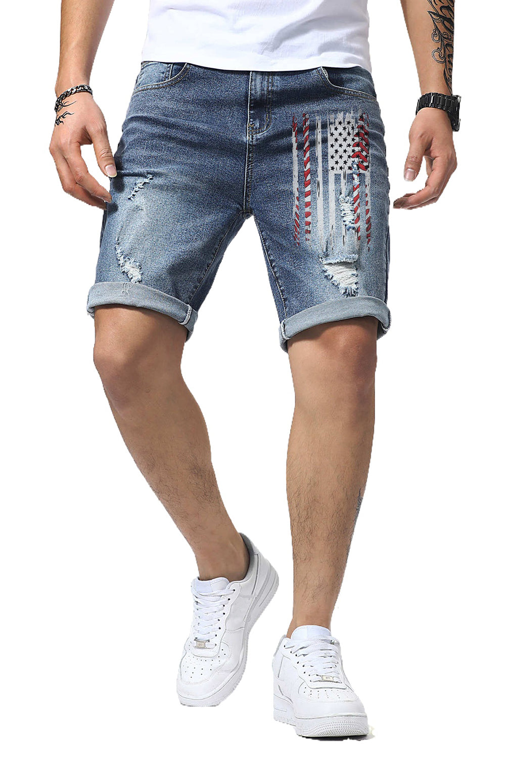 Blue American Flag Graphic Print Distressed Men's Denim Shorts Men's Pants JT's Designer Fashion