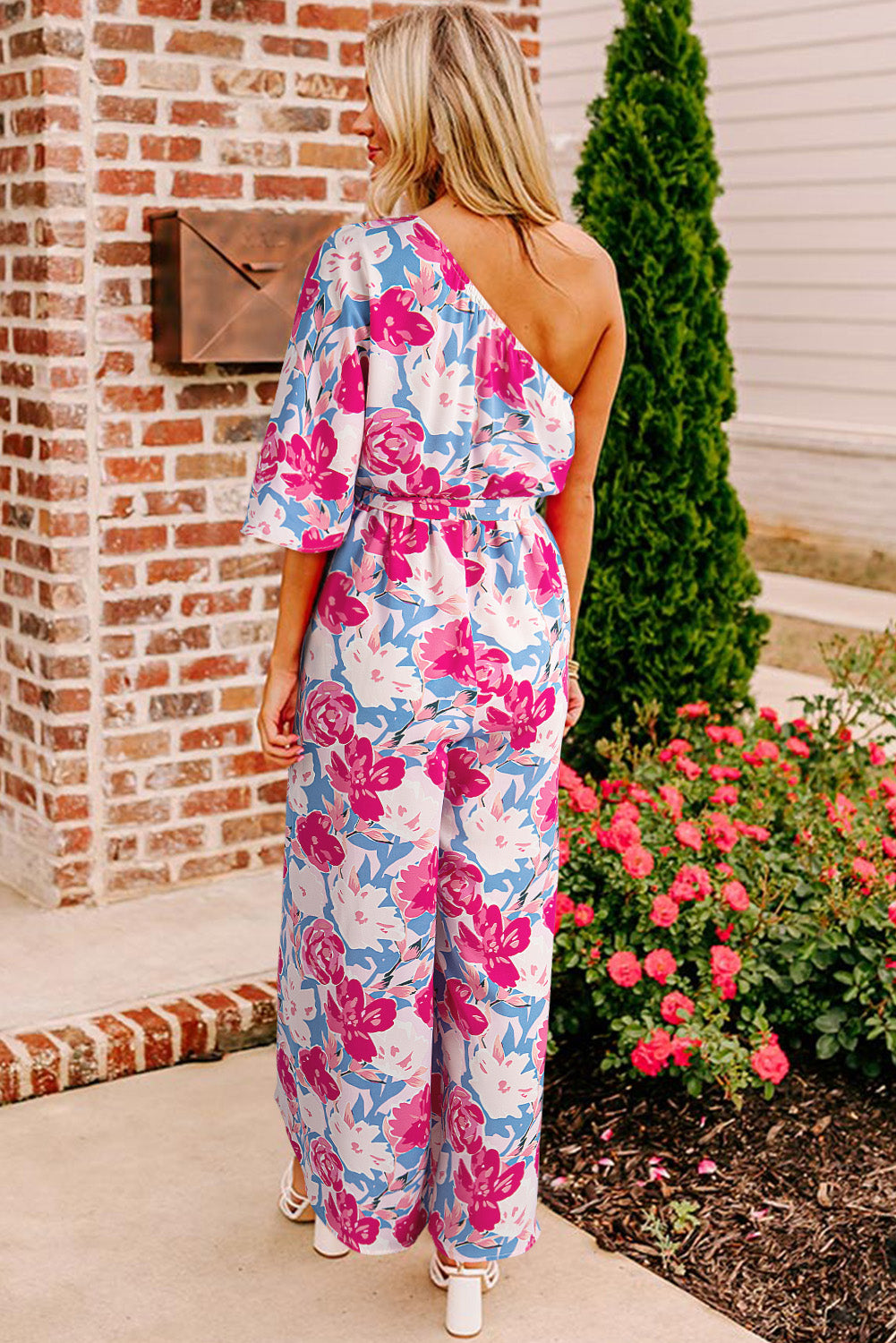 Pink Floral Print Asymmetrical Neckline Single Shoulder Drape Sleeve Belted Jumpsuit Jumpsuits & Rompers JT's Designer Fashion