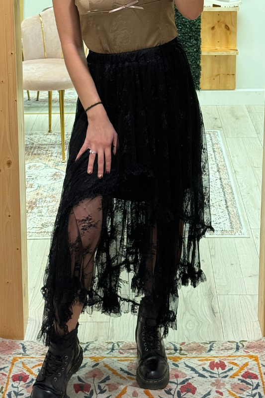 Black Lace Cascading Tiered High Waist Maxi Skirt Bottoms JT's Designer Fashion