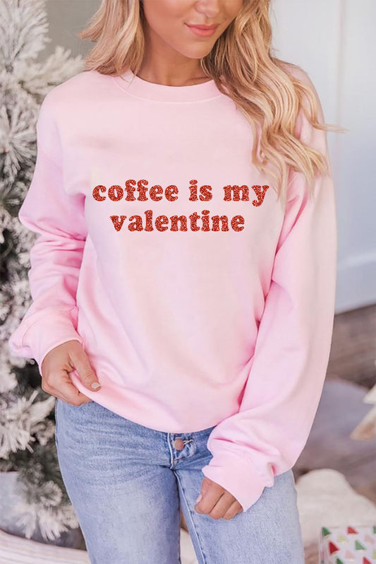 Pink Sequined Coffee is my Valentine Graphic Pullover Sweatshirt Graphic Sweatshirts JT's Designer Fashion