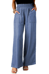 Sky Blue Side Pockets Frilled Smocked High Waist Wide Leg Jeans Bottoms JT's Designer Fashion