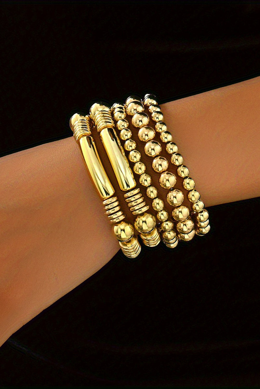 Gold Layered Plated Alloy Beaded Elastic Bracelet Set Jewelry JT's Designer Fashion