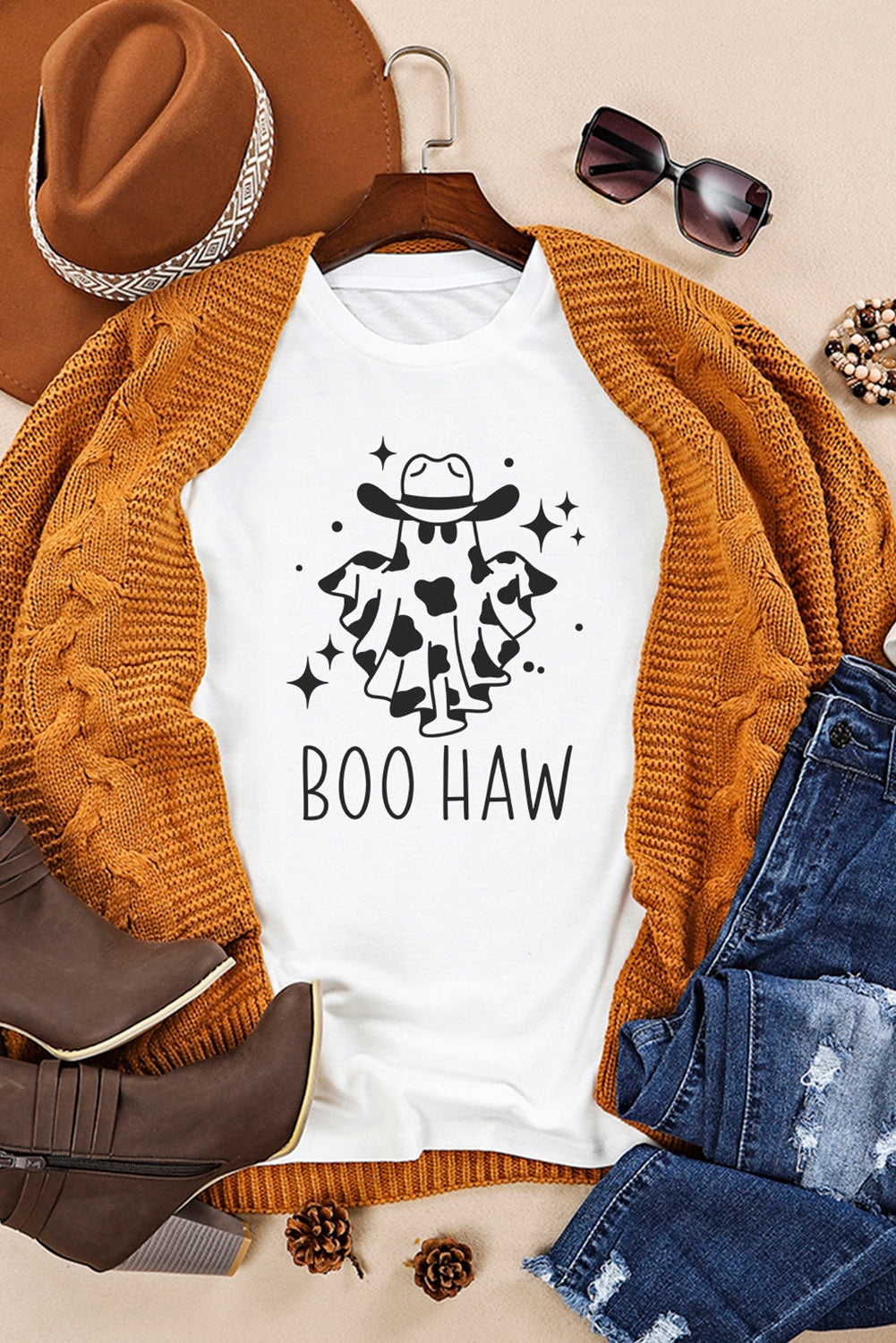 White Halloween BOO HAW Graphic Crew Neck Tee Graphic Tees JT's Designer Fashion