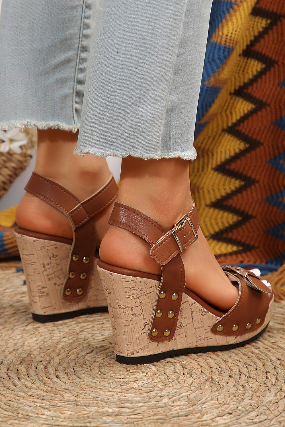 Camel Rivet Buckle Closure Wedge Sandals Sandals JT's Designer Fashion